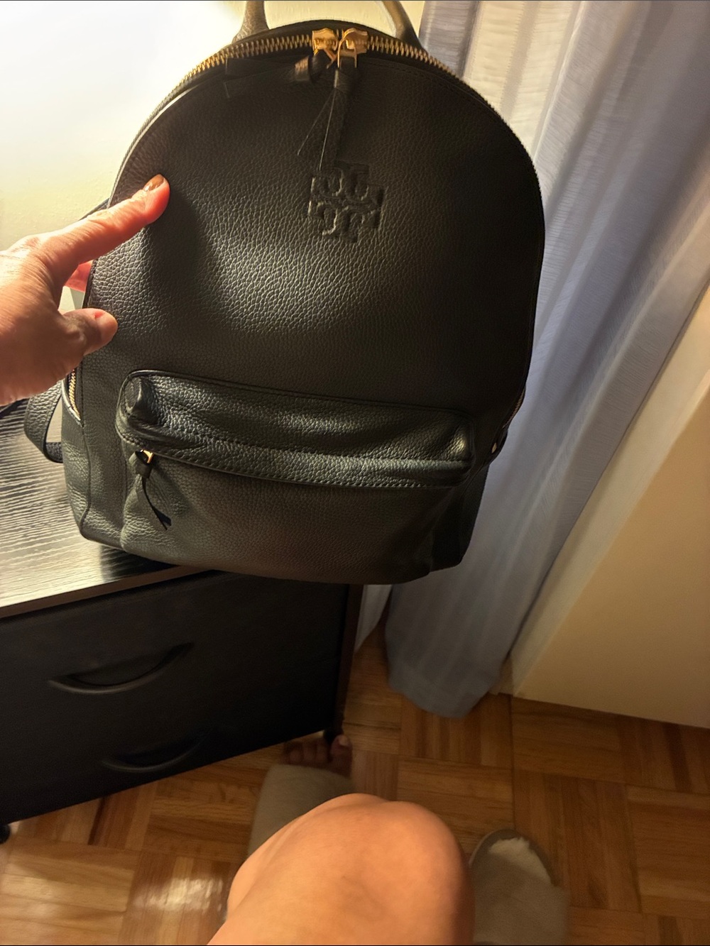 Tory Burch Black Pebbled Leather Backpack with Gold Hardware